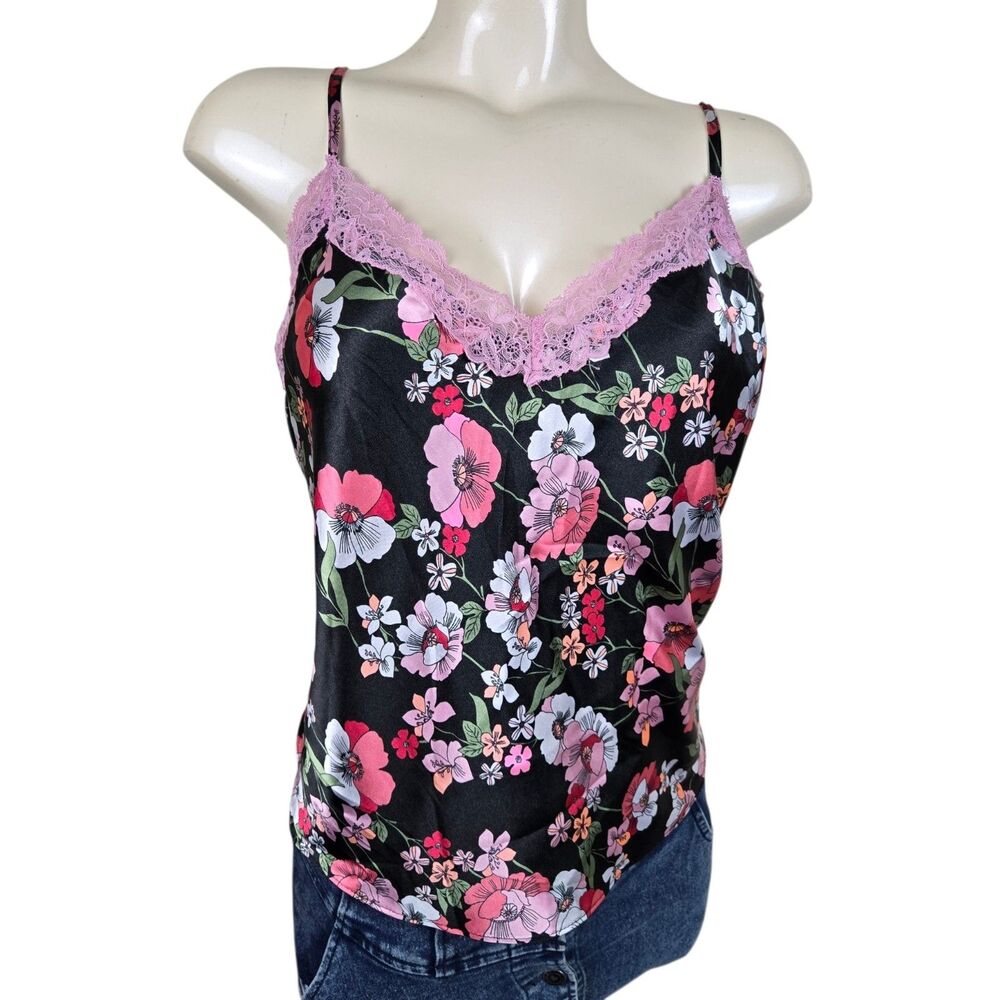Secret Treasures Cami L Satin Floral Black Pink Y2K Coquette Fairy Grunge Goth